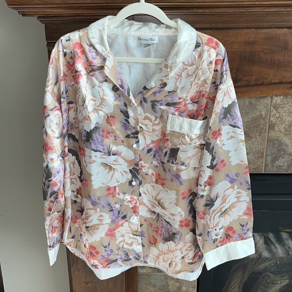 Christian Dior floral satiny pajama top long sleeve cottagecore coquette size L